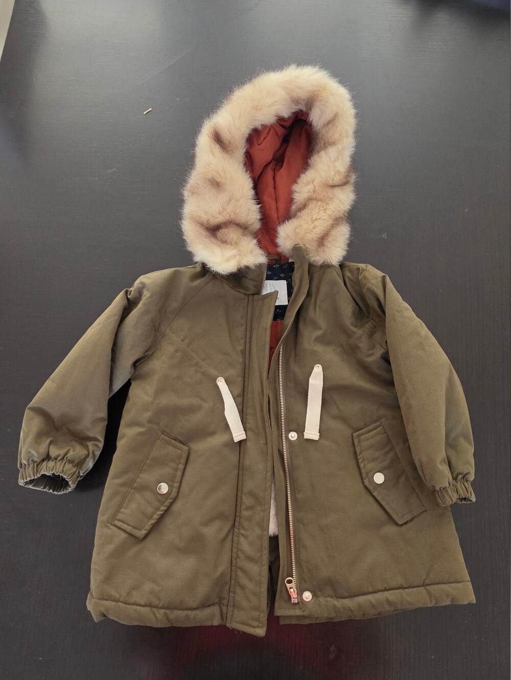 Zara Kids Olive Green Hooded Winter Jacket with Faux Fur Trim